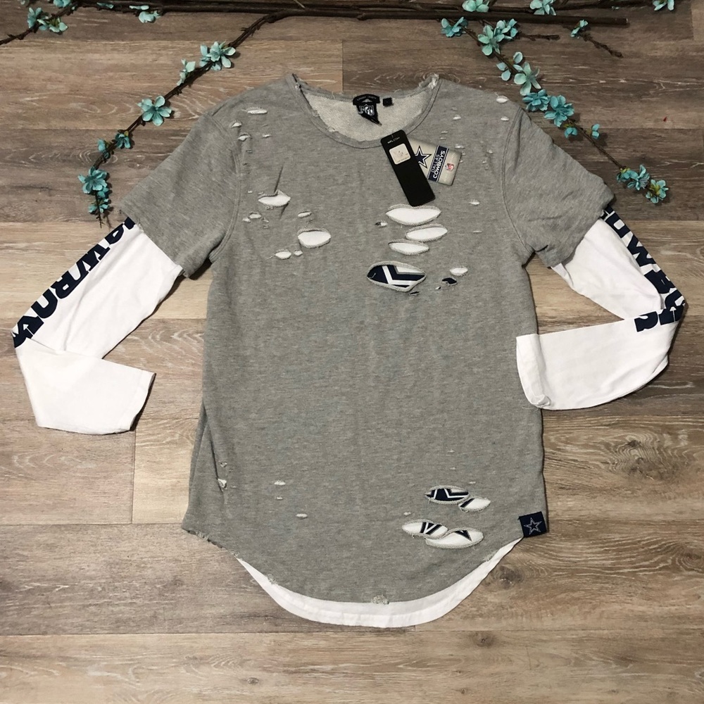 NWOT -NFL Women's Gray Distressed Long Sleeve Layered-Look Tee with White Sleeve